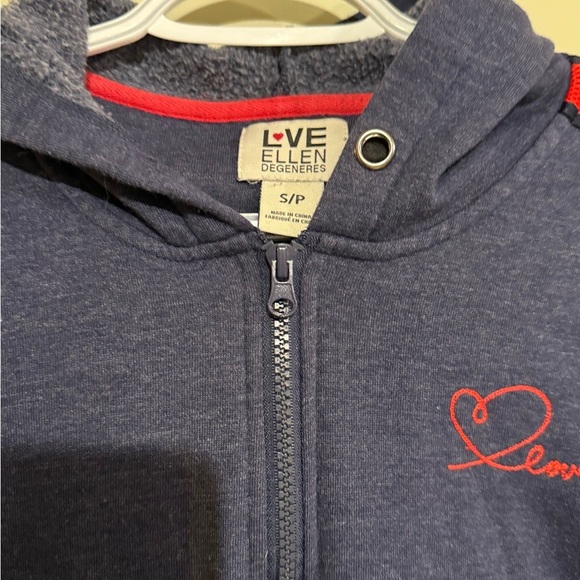 Navy Blue Zip-Up Hoodie with Red Stripes - Picture 2 of 5